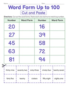 Word Form Up to 100: Cut and Paste