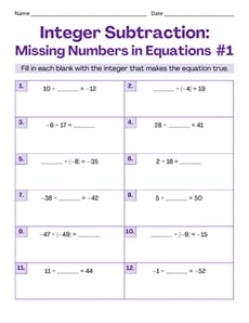 Integer Subtraction: Missing Numbers in Equations #1
