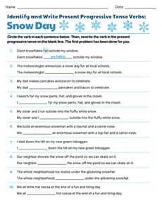 Identify and Write Present Progressive Tense Verbs: Snow Day