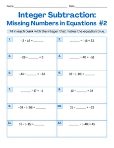 Integer Subtraction: Missing Numbers in Equations #2