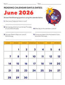 Reading Calendar Days and Dates: June 2026