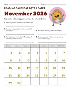 Reading Calendar Days and Dates: November 2026