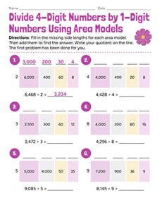 Divide 4-Digit Numbers by 1-Digit Numbers Using Area Models