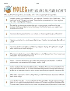 Novel Study: Holes: Post-Reading Response Prompts