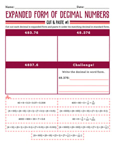 Expanded Form of Decimal Numbers: Cut and Paste #1
