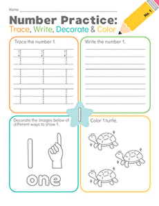 Number Practice: Trace, Write, Decorate & Color #1