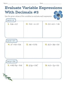 Evaluate Variable Expressions With Decimals #3