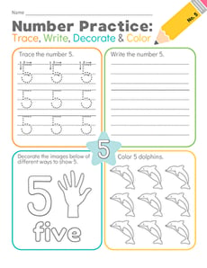 Number Practice: Trace, Write, Decorate & Color #5