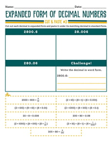 Expanded Form of Decimal Numbers: Cut and Paste #3