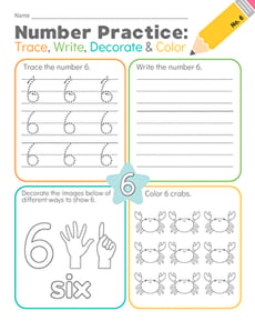 Number Practice: Trace, Write, Decorate & Color #6