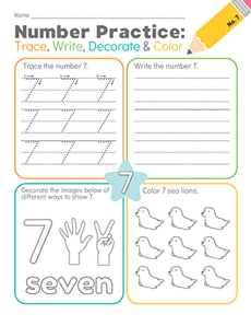 Number Practice: Trace, Write, Decorate & Color #7