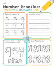 Number Practice: Trace, Write, Decorate & Color #9