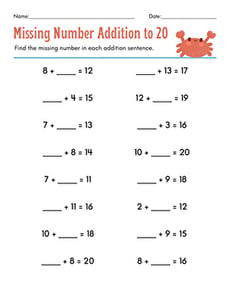 Missing Number Addition to 20