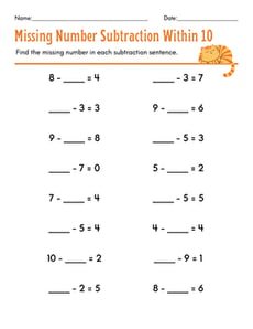 Missing Number Subtraction Within 10