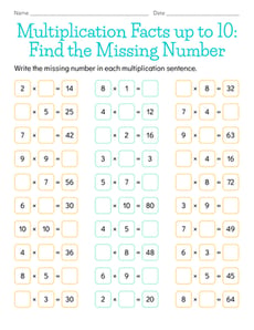 Multiplication Facts to 10: Find the Missing Number