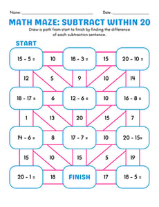 Math Maze: Subtract Within 20