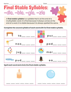 Final Stable Syllables: -dle, -ble, -gle, -zle