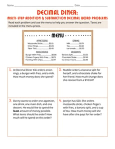 Decimal Diner: Multi-Step Addition & Subtraction Decimal Word Problems