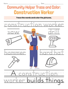 Community Helper Trace and Color: Construction Worker