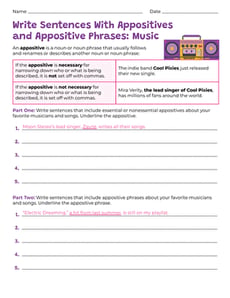 Write Sentences With Appositives and Appositive Phrases: Music