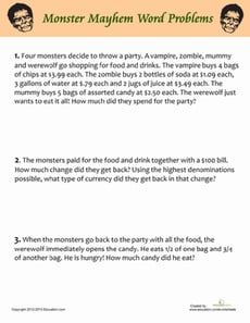 Monster Mayhem Word Problems