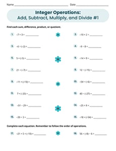 Integer Operations: Add, Subtract, Multiply, and Divide #1