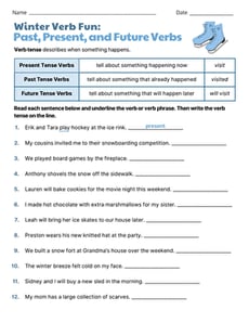 Winter Verb Fun: Past, Present, and Future Verbs