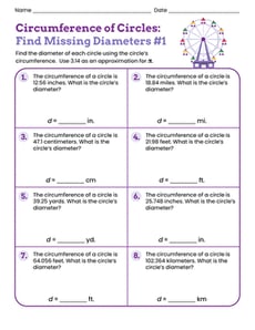 Circumference of Circles: Find Missing Diameters #1