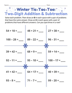 Winter Tic-Tac-Toe: Two-Digit Addition & Subtraction