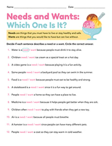 Needs and Wants: Fill in the Blank