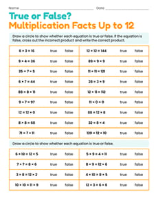 True or False? Multiplication Facts Up to 12