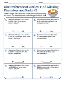 Circumference of Circles: Find Missing Diameters and Radii #2