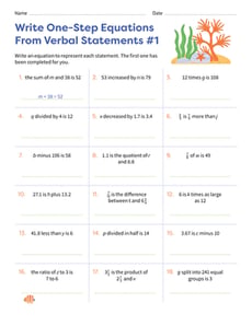 Write One-Step Equations From Verbal Statements #1