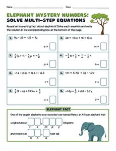 Elephant Mystery Numbers: Solve Multi-Step Equations