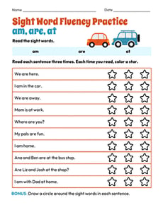 Sight Word Fluency Practice: am, are, at