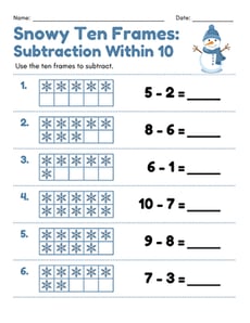 Snowy Ten Frames: Subtraction Within 10
