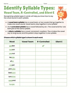 Identify Syllable Types: Vowel Team, R-Controlled, and Silent E