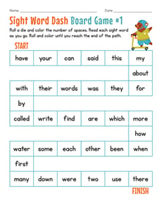 Sight Word Dash Board Game #1