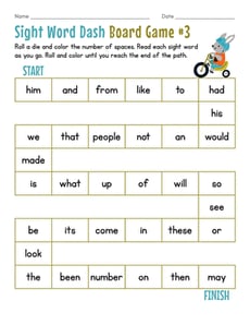 Sight Word Dash Board Game #3