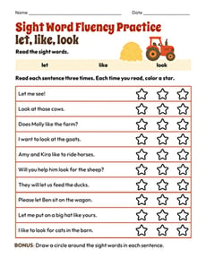 Sight Word Fluency Practice: let, like, look