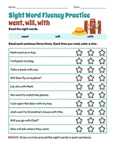 Sight Word Fluency Practice: went, will, with