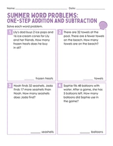 Summer Word Problems: One-Step Addition and Subtraction
