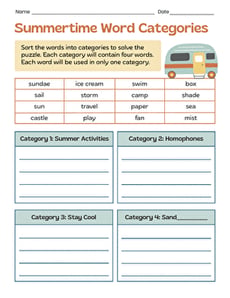 Summertime Word Categories