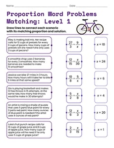 Proportion Word Problems Matching: Level 1