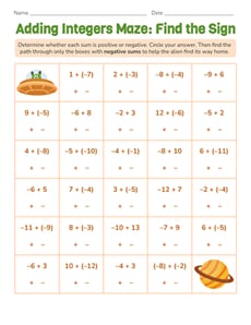 Adding Integers Maze: Find the Sign