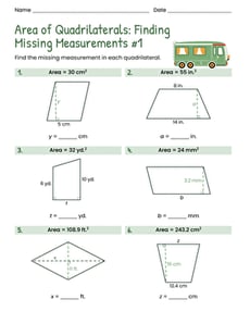 Area of Quadrilaterals: Finding Missing Measurements #1