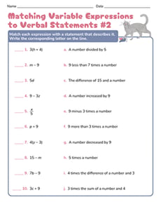 Matching Variable Expressions to Verbal Statements #2