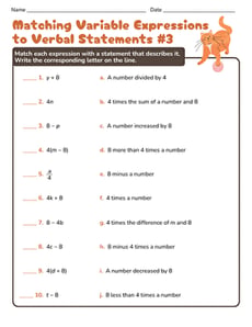 Matching Variable Expressions to Verbal Statements #3