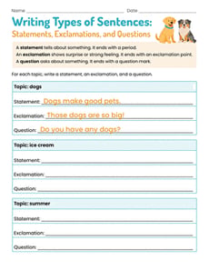 Writing Types of Sentences: Statements, Exclamations, and Questions