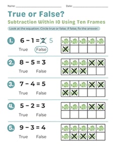 True or False? Subtraction Within 10 Using Ten Frames